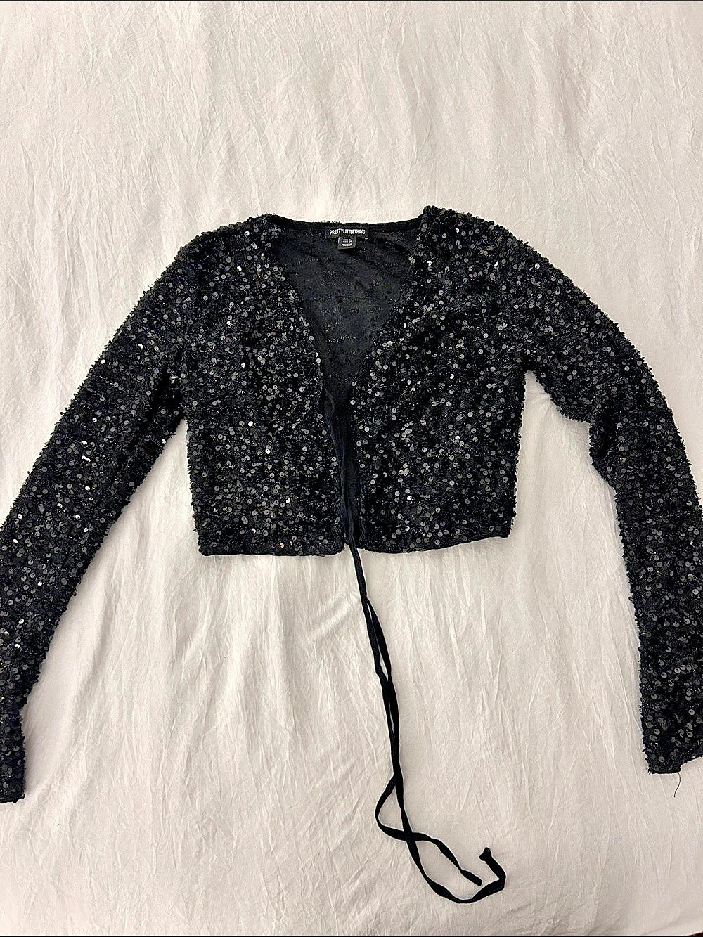 PrettyLittleThing Sequin Long Sleeve Tie Front Top Black